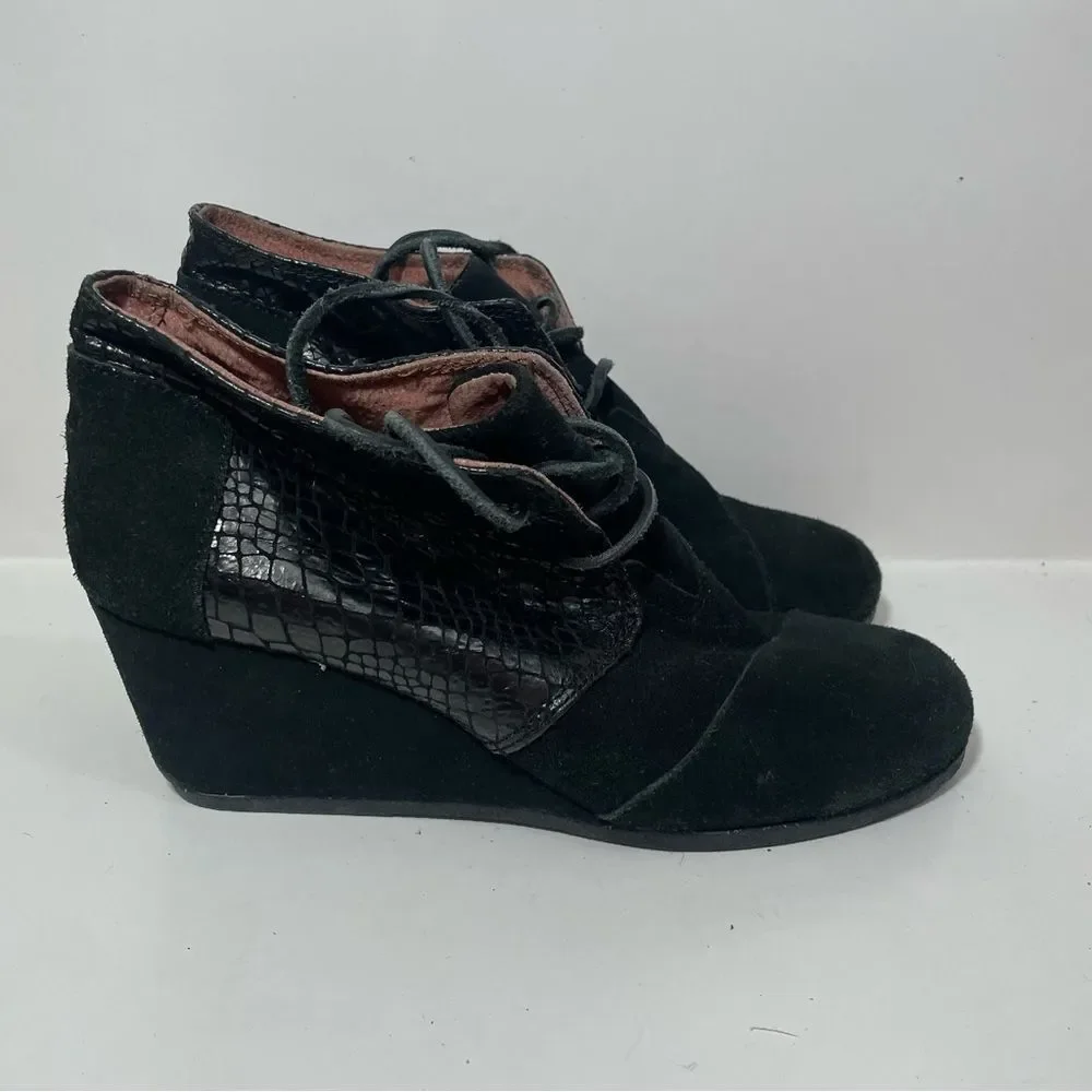 Toms Black Snakeskin Wedge Booties